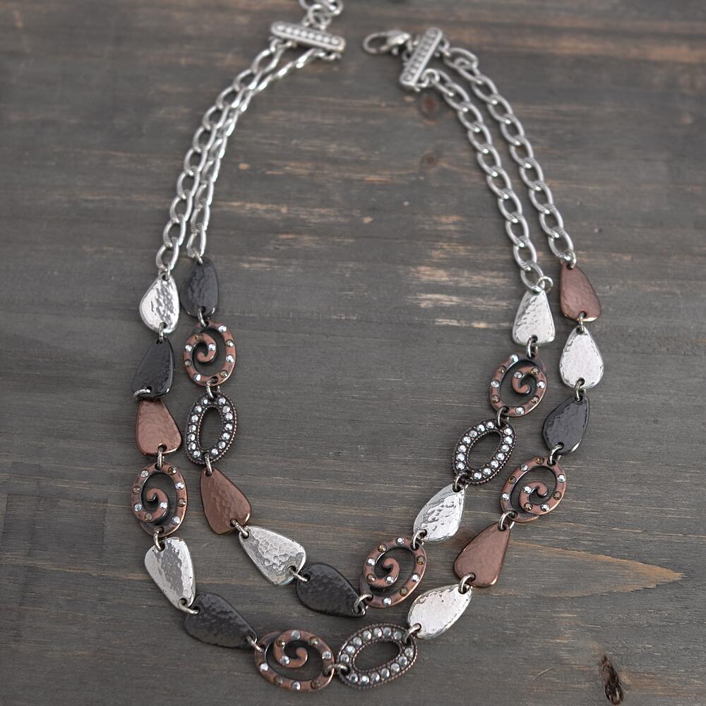Brighton Melange Two Strand Necklace Silver Bronze Hammered Crystal Layered